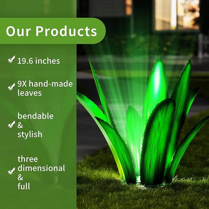 Upgraded Large Metal Yard Art, Metal Agave Plant Yard Decorations Outdoor Sculpture, Metal Flowers for Outside, Waterproof Outdoor Garden Decor (Blue (W/Solar Light))