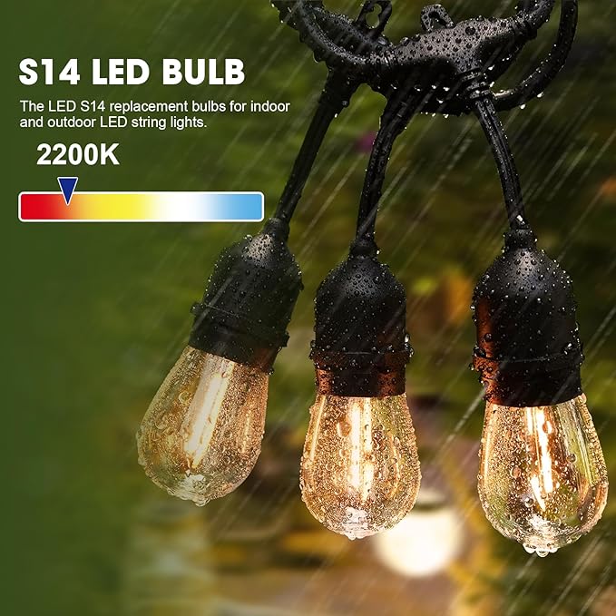 LED S14 Replacement Light Bulbs for Outdoor String Lights, 1W Shatterproof Edison Light Bulbs for Outside Patio Garden, E26 Standard Base, Dimmable, 2200K Warm White, 15 Pack