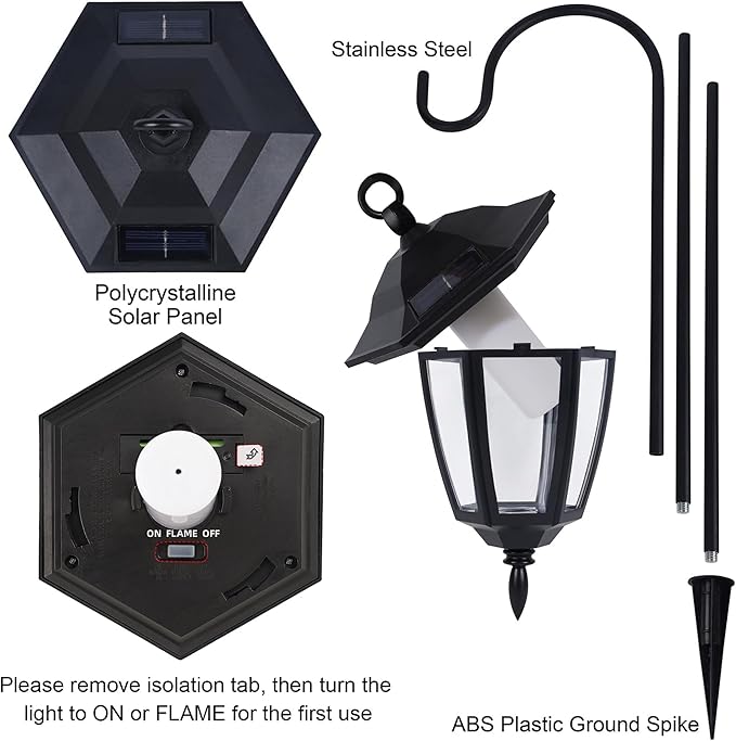Dynaming 6 Pack Solar Flame Hanging Lights Outdoor, Solar Flickering Flame LED Garden Lanterns with 6 x 38 Inch Shepherd Hooks, Landscape Lighting Waterproof for Lawn Patio Yard Pathway Driveway