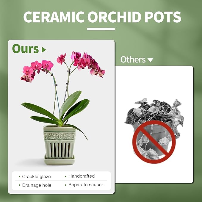 Orchid Pots with Holes | 5" Ceramic Orchid Planter with Separate Saucer and Drainage Holes | Glazed Pottery Small Flower Pot for Repotting Orchids(Green)