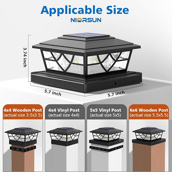 NIORSUN Solar Post Lights Outdoor 6 Pack, 2 Modes LED, Deck Fence Post Solar Lights for 3.5x3.5 4x4 5x5 5.5x5.5 Caps Patio Garden Decoration, Black