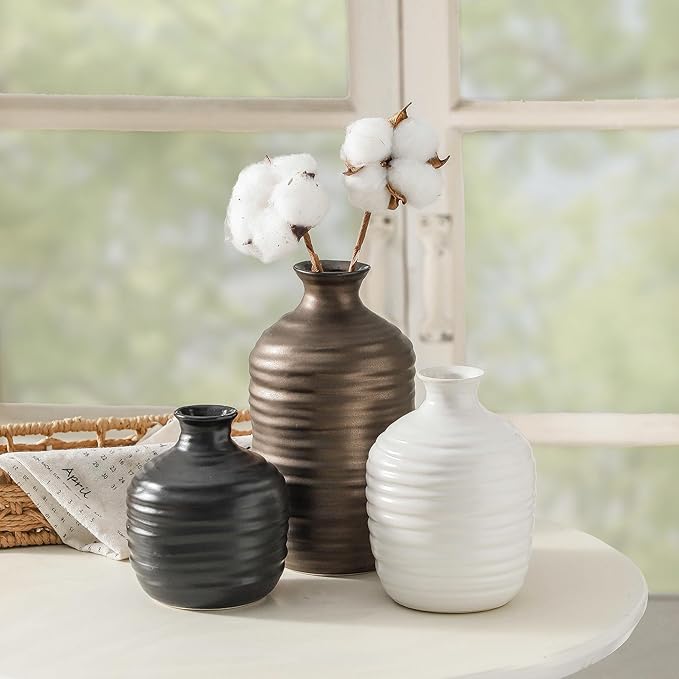 Ceramic Vase Set of 3 Decorative Vase for Home Decor Modern Farmhouse Decor Pottery Neutral Vases for Living Room Bathroom Table Mantel Fireplace Entryway Shelf (02-Metallic)