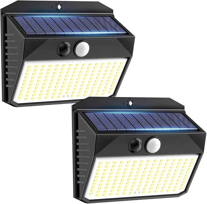 Solar Lights, 150 LED Outdoor 2 Pack, Motion Sensor, IP65 Waterproof, 3 Modes, Solar Powered, for House, Garden, Fence, Patio, Garage