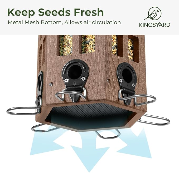 Kingsyard Wild Bird Feeder for Outdoor Hanging, Recycled Plastic Bird Feeders with 6 Ports & U-Shape Perch, Garden Yard Outside Decoration, 3.5 lbs Seed Capacity, Brown