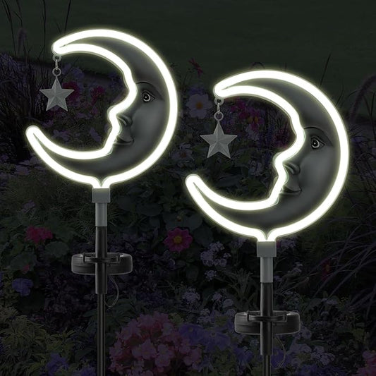 Solar Outdoor Garden Lights - Outdoor Decor Butterfly Neon Lamp Patio Path Decor(2 Pack) (Silver Moon)
