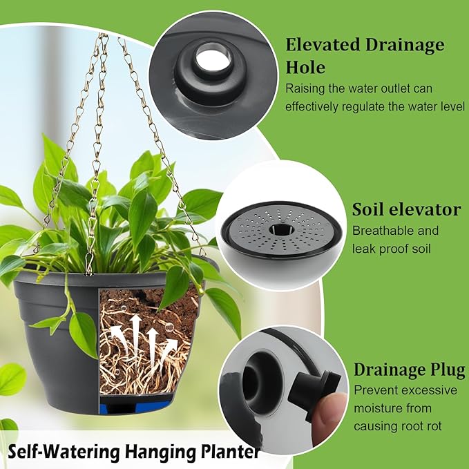Hanging Planters 10 Inch, 4 Pcs Flower Pots with Drainage Hole, Self Watering Hanging Basket for Indoor Outdoor Plants, Decor, Gray