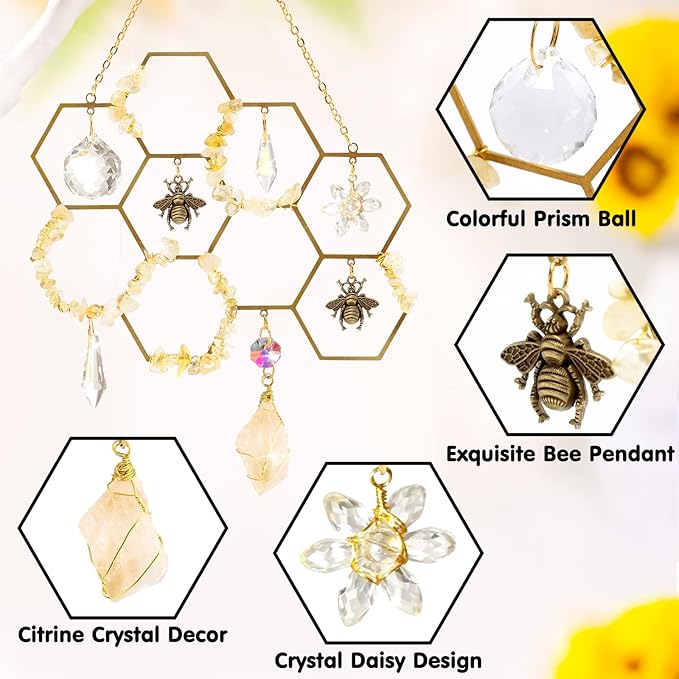 Tuitessine Crystals Suncatcher Window Hanging Bumble Bee Decor Honeycomb Light with Crystal Glass Prisms Hive for Home Indoor Outdoor Catcher Garden Ornament Christmas Birthday Gift Ideas
