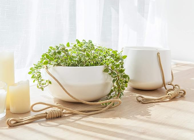 Mkono Ceramic Hanging Planter of Shallow 8 Inch and Deep 6 Inch for Indoor Outdoor Plants, Set of 2 Modern Plant Pot Geometric Porcelain Hanging Basket with Polyester Rope Hanger