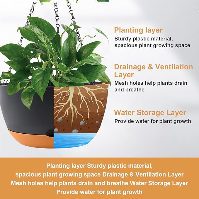 8/10/12 inch Plant Pot Hanging Planters Self Watering Pots for Indoor Plants, 3 Pack Plastic Hanging Basket with Removable Tray for Home Garden Porch Balcony Patio Decor(Black)