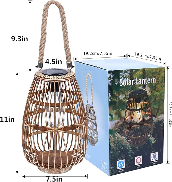 pearlstar Outdoor Solar Lanterns Light Rattan Natural Lantern with Handle for Hanging or Table Lamp for Patio Yard Garden Wedding Home Decoration, Edison Bulb, Auto on/Off(Style 1)