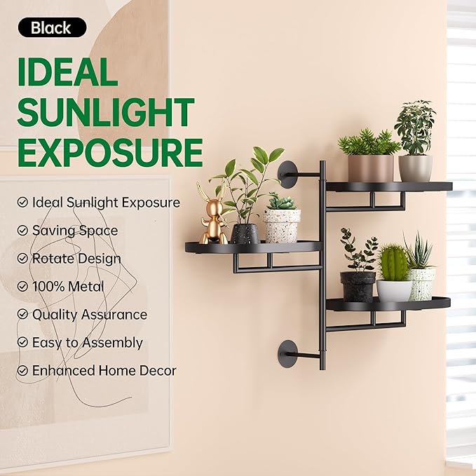 Rotating Window Plant Shelves for Multiple Plants Indoors,3-tier Metal Corner black Plant Stand Holder Floating Plant Shelf for Wall，Windows Sill Gifts for Plant Lovers to Enhance Home Decor