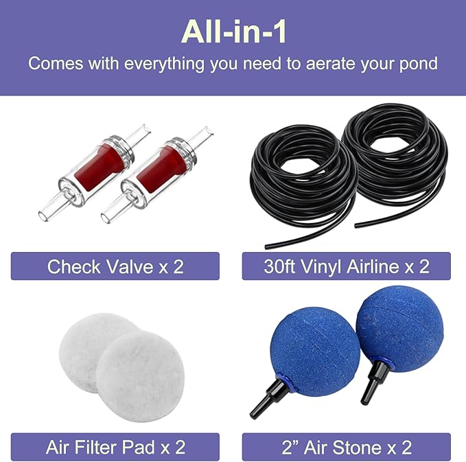 AquaMiracle All-in-One Pond Air Pump Koi Pond Aerator for Pond up to 2000 Gallons Pond Deicer Pond Aeration Kit with 2&4 Outlets Air Stones Airline Tubing Check Valves