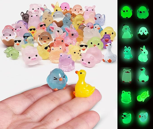 Luminous Mini Resin Animals 50 Pcs Tiny Animals to Hide Around The Office Home Mini Ducks Tiny Frogs Small Birds Little Rabbits Glow in The Dark for Crafts Fairy Garden Accessories