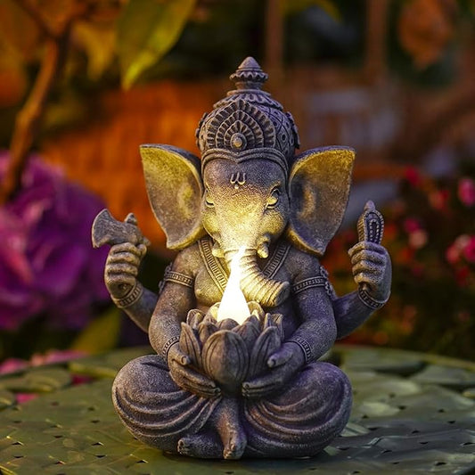 Solar Ganesha Elephant Garden Statues: Outdoor Sculptures with Lotus Lights Decor for Patio Lawn Yard Art - Gifts for Mom Grandma
