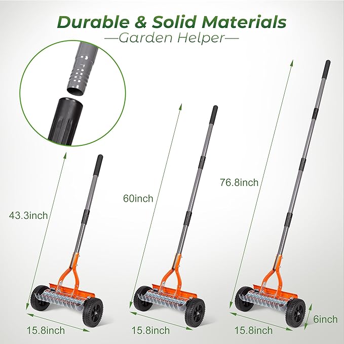 Walensee Dethatching Roller Rake with 76.8'' Adjustable Handle, 2mm Stainless Steel Blades, Heavy Duty Lawn Thatch Remover for Moss, Grass Clippings, Leaves & Debris – Ideal for Yard & Garden Cleanup