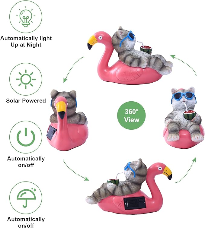 Cat Lying Flamingo Solar Statue: Outdoor Sculptures Clearance for Lawn Porch Patio Balcony Yard - Gifts for Mom Women