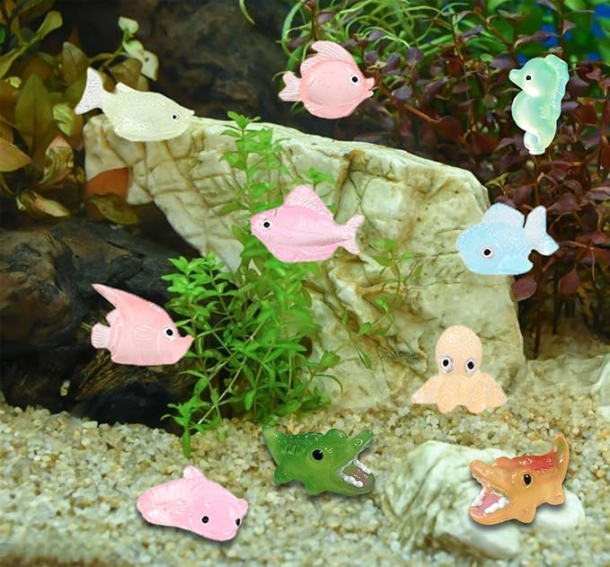 Luminous Mini Resin Ocean Animals 50Pcs Tiny Animals Tiny Turtle Octopus Seahorse Crocodile Dolphin Shark Frog Glow in The Dark for Garden Miniatures Accessories Landscape Aquarium Potted Decoration