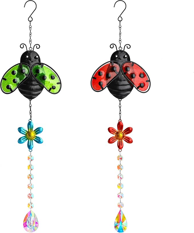 19'' Crystal Garden Suncatcher Decor Set 2 Stained Glass Metal Ladybugs Window Hanging Crystal Prisms Suncatcher for Outdoors Rainbow Maker (Red & Green)