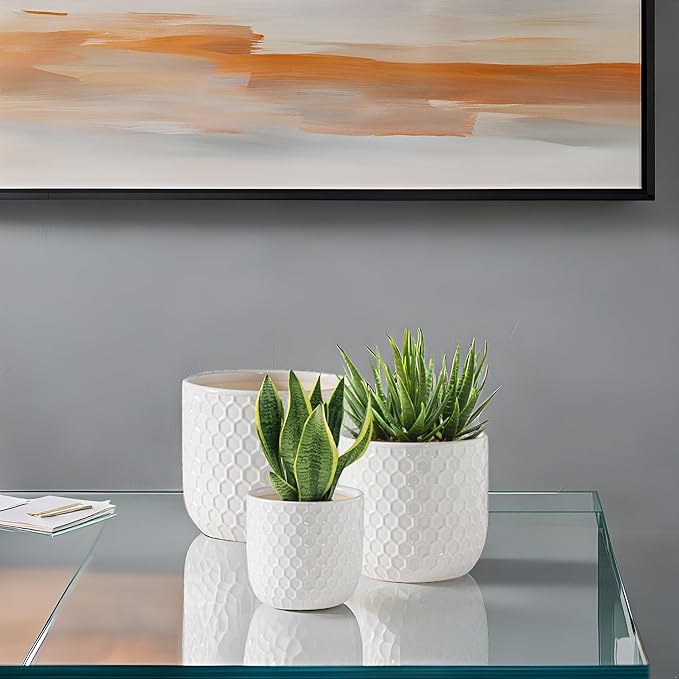 Docrin Plant Pots Indoor with Drainage: 6.4+5.3+4 Inch Ceramic Flower Pots for Plants - Set of 3 Modern Decorative Planters for House/Office/Gift - White Honeycomb