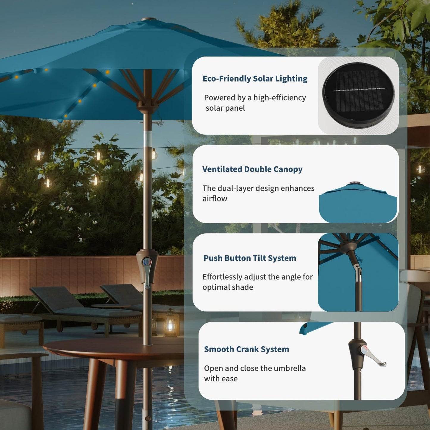 9FT Solar Umbrella 32 LED Lighted Patio Umbrella Table Market Umbrella w/Tilt and Crank, UV-Resistant Outdoor Umbrella for Pool, Garden, Deck, Lake Blue