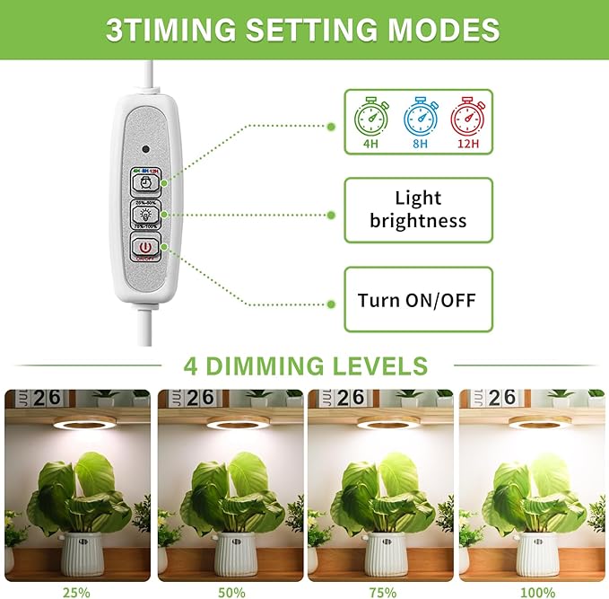 LORDEM 6.3” Bamboo Ceiling Grow Light for Indoor Plants, 72 LEDs Full Spectrum Plant Light, Corded, Halo Under Cabinet Growing Lamp with 4/8/12H Auto Timer, 4 Brightness Levels, Ideal for Pot Plants