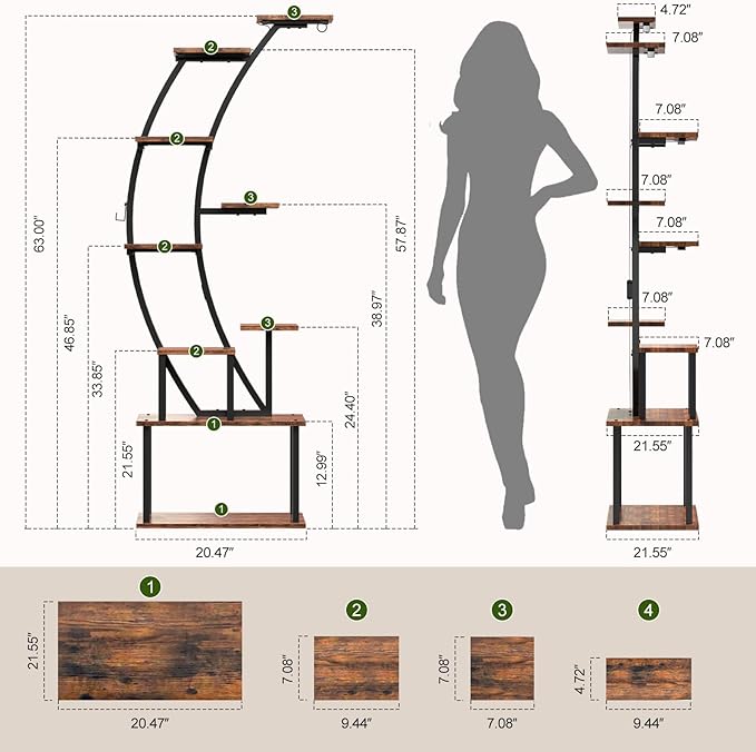 Plant Stand Indoor with Grow Lights, 9 Tiered Metal Plant Shelf Pots For Plant Lovers, 63" Tall Indoor Flower Rack Display Holder Multiple For Room, Corner Large Planter Shelves For Patio,Wall