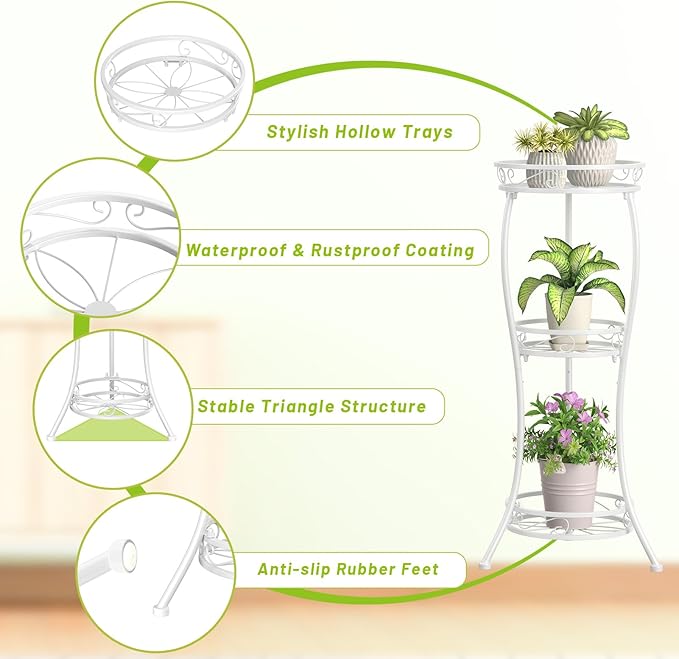 KMOTASUO 3 Tier Tall Metal Plant Stand, 34 Inch Plant Stands Indoor Outdoor, Rustproof Wrought Iron Flower Pot Holder Display Rack for Corner Patio Garden Balcony Living Room(White)