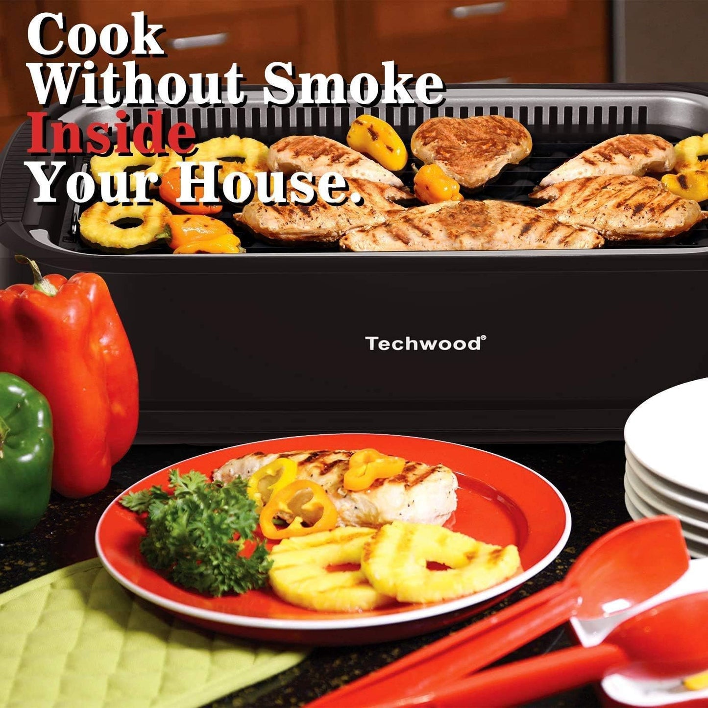 Techwood Indoor Grill Smokeless Grill, Electric Korean BBQ Grill with Glass Lid, Turbo Smoke Extractor Technology, Dishwasher-Safe Drip Tray & Nonstick Grilling Removable Plate, Black, 1500W