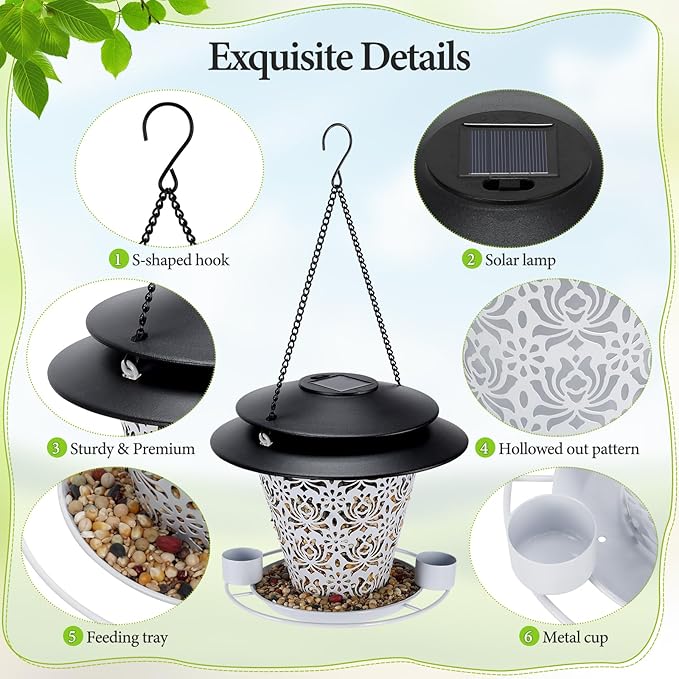 Solar Bird Feeders for Outside Hanging Metal Wild Bird Feeder Solar Lanterns Outdoor Waterproof Garden Decor for Yard White