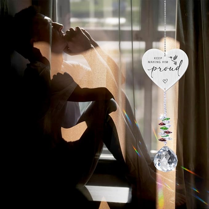 Keep Making Him Proud,Crystal Suncatcher Bereavement Keepsake,Memorial Gift for Loss of Dad,Grandpa,Uncle,Hanging Crystals Ornament for Window Rainbow Maker Prisms Home Decor Gift