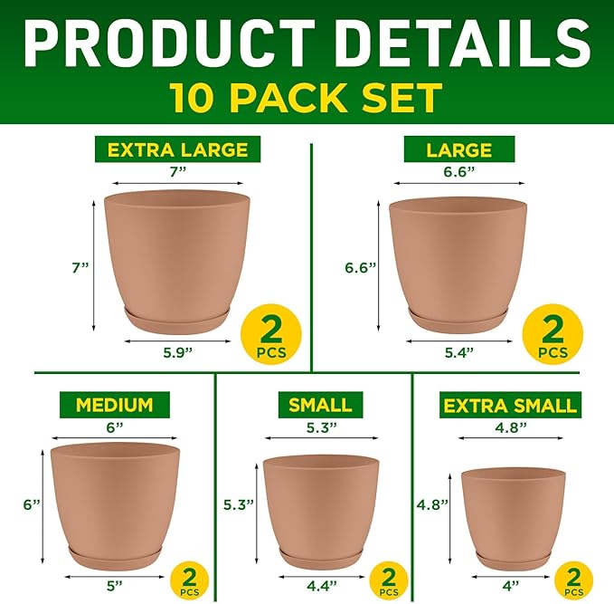 Planter Pots with Drainage Holes - Lightweight, Durable, and Space-Saving Pots for Indoor and Outdoor - Versatile Functionality, Simple Modern Design, Set of 10 Plastic Planter Pots - Pink