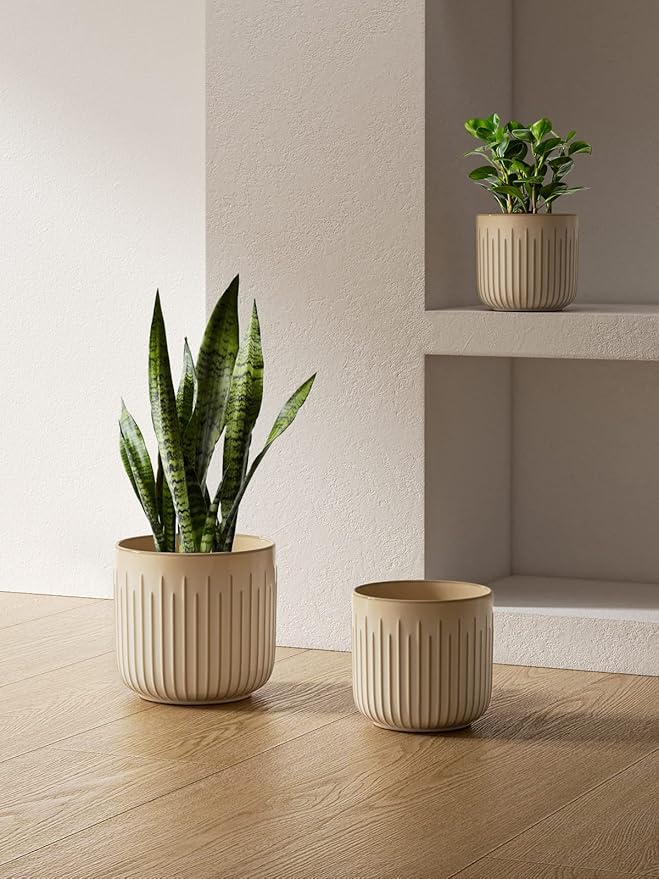 LE TAUCI Fluted Ceramic Planters Set of 3 – 8.3/7 / 5.7 in Cloud Cream Reactive Cylinder Indoor Plant Pots with Drainage Plug & Mesh, Glossy Stoneware Flower Pots for Succulents Herbs