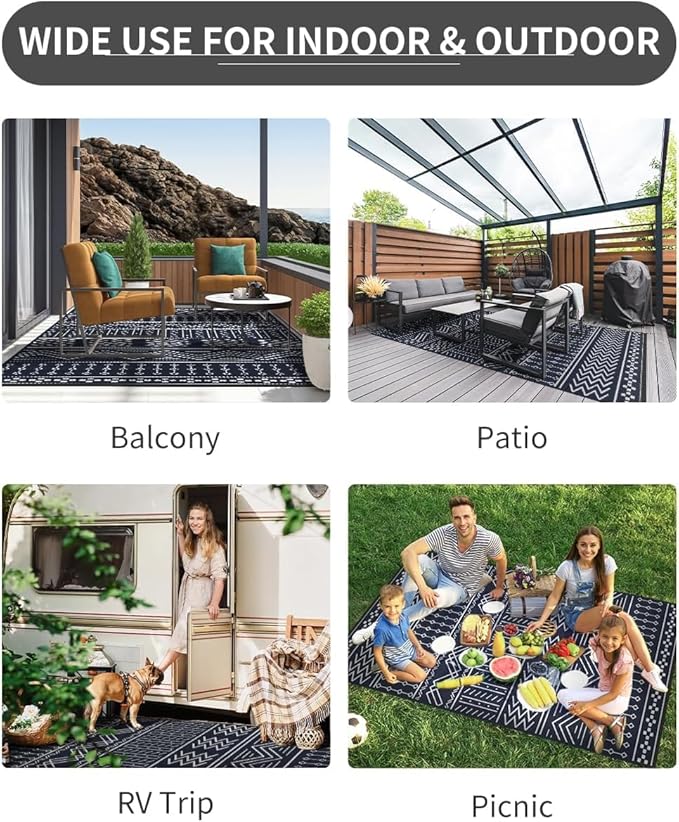 COCOER Outdoor Rug Carpet Waterproof 9x12 ft Patio Rug Mat Indoor Outdoor Area Rug for RV Camping Picnic Reversible Lightweight Plastic Straw Outside Rug for Patio Decor Decoration Boho Rug