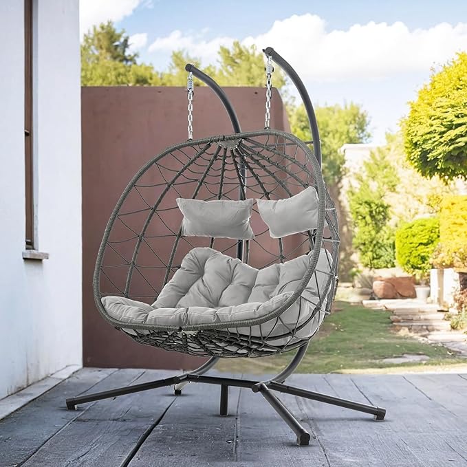 2 Person Double Egg Swing Chair with Stand Indoor Outdoor, Hammock Egg Chair Outdoor, Patio Wicker Hanging Egg Chair w/Cushion 700LBS Capacity for Bedroom, Balcony, Garden, Grey