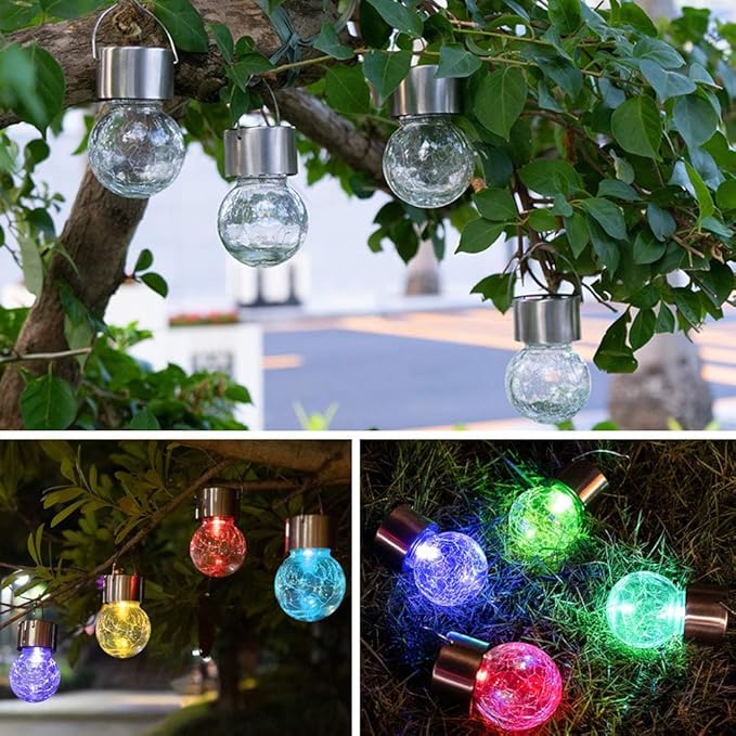 Hanging Solar Powered LED Light with 7 Color Auto-Changing, Cracked Glass Ball Light, Waterproof Outdoor Christmas Decorative Lantern for Garden, Yard, Patio, Lawn (Colorful, 12)