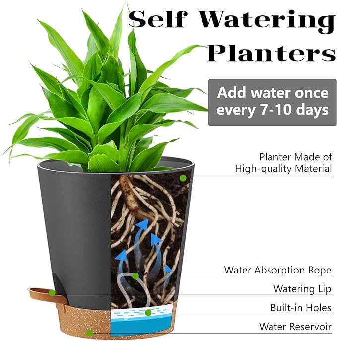 Self Watering Pots 7Pack Planting Pots for All Indoor Plants, Flower Planting Pots with Drainage Hole and Reservoir Black Plastic Succulent Planter Modern Decorations/Gift Idea