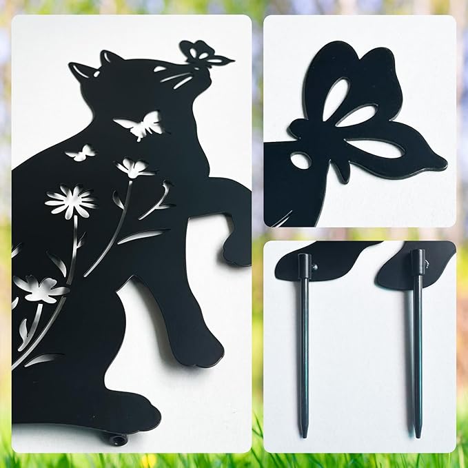 Metal Cat Garden Decor for Outside,Set of 2 Black Cat Silhouette Garden Stakes,Cat Yard Decor Outdoor