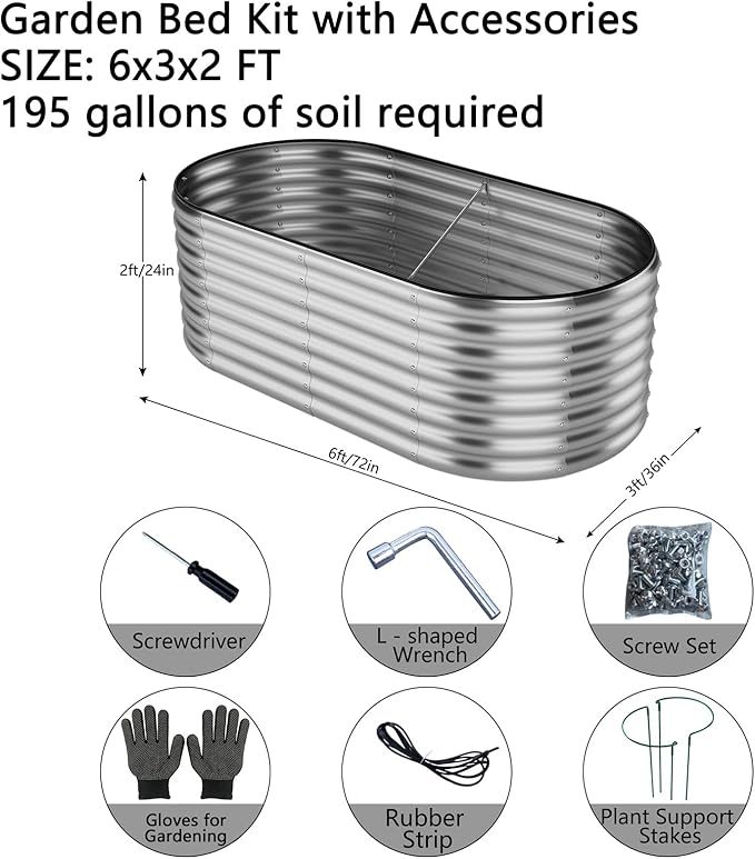 Large Raised Garden Bed Galvanized Metal Round Raised，Garden Bed Outdoor for Gardening 6x3x2FT for Vegetables Flowers Ground Planter Box
