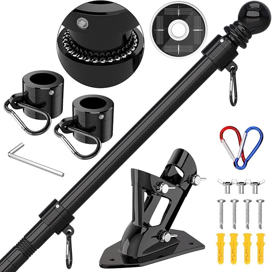 ZMTECH Flag Pole with Solar Light - Adjustable Bracket, 6 FT Stainless Steel Flag Poles for Outside House, Garden or Yard, Tangle Free Flagpole Kit for American Flag (Without Flag, Black)