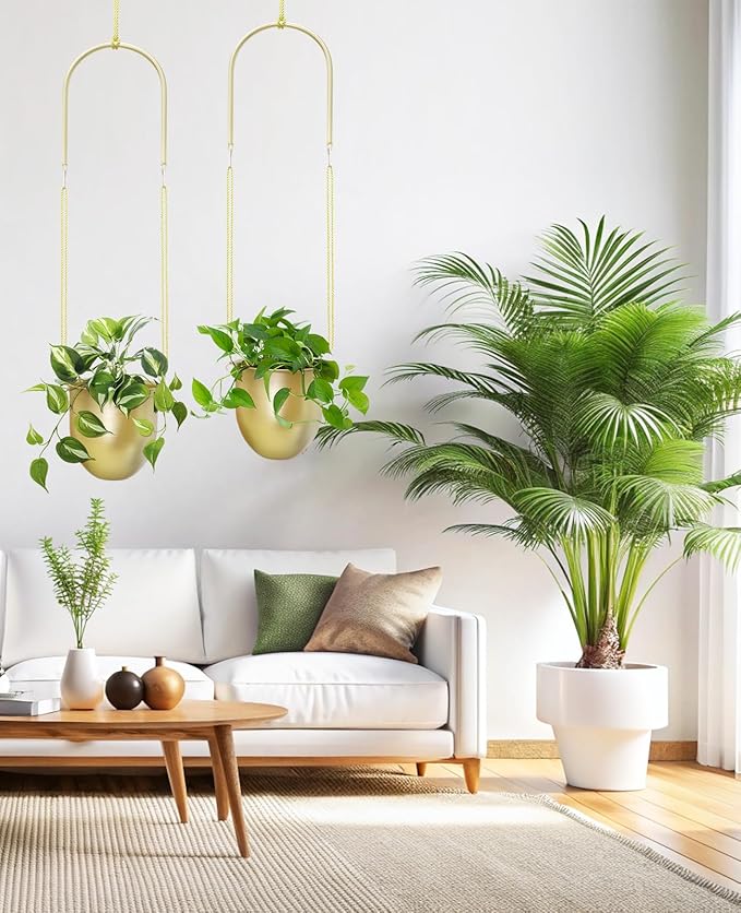 AceList Gold Hanging Planter Set of 2-5.51 Inch Hanging Planters for Indoor Plants, Home, Balcony, Garden, and Patio - Window Hanging Planters with Hemp Rope