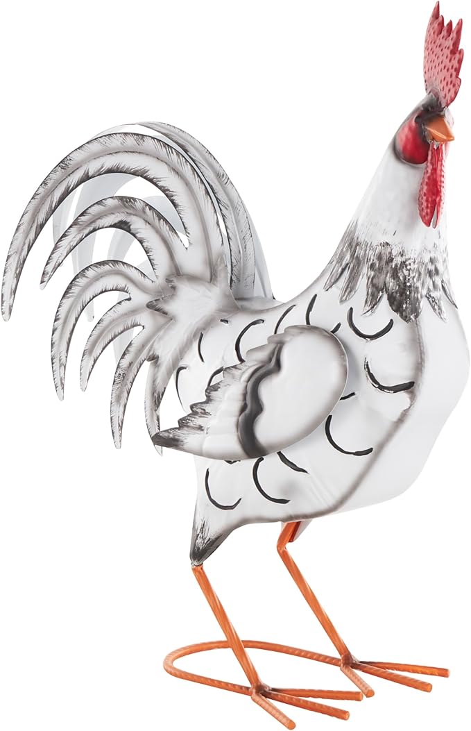 Deco 79 Metal Rooster Decorative Garden Sculpture Garden Statue with Black and Red Accents, Outdoor Sculpture 6" x 16" x 18", White