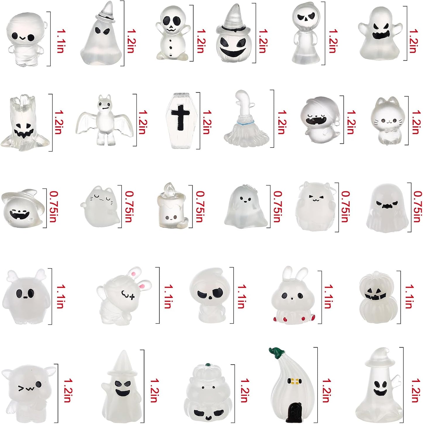 58 Pcs Halloween Luminous Mini Figures Glow in Dark Tiny Resin Figures Set Fairy House Diorama Accessories Halloween Pumpkin Ghost Skull Ornament for Garden Dollhouse Craft DIY(Ghost)