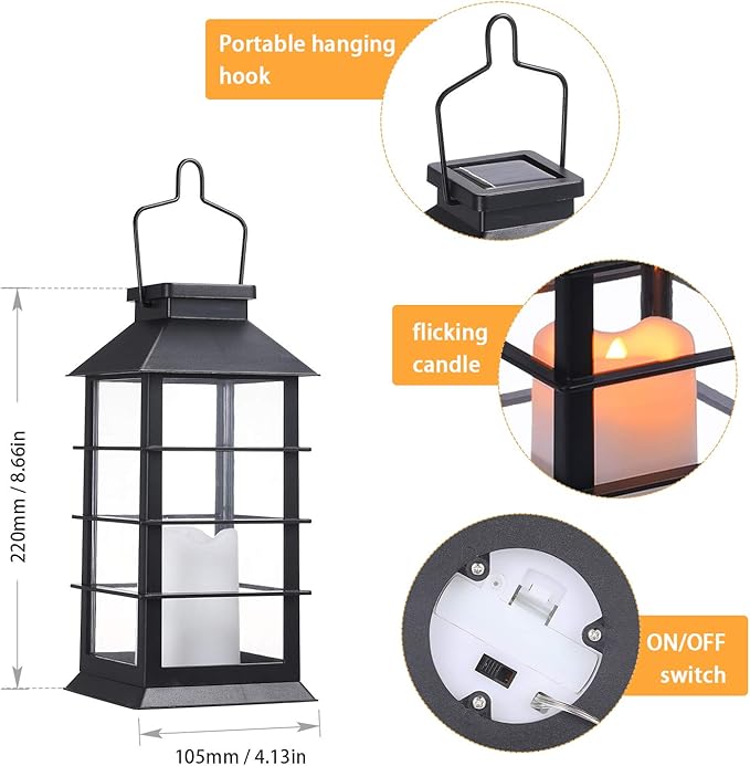 LED Solar Lantern - Outdoor Hanging Solar Lights Waterproof Flickering Flame Candle Light for Patio Courtyard Garden Decorative(2 Pack)