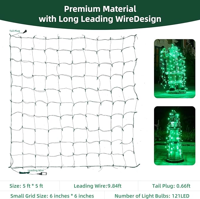 Led Net Lights Christmas Lights Outdoor Green Christmas Net Lighting with 121Led Mini Globe Lights 5ftx5ft, Outdoor Indoor Fairy Mesh Net Lights for Christmas Trees, Bushes, Shrubs Decorations