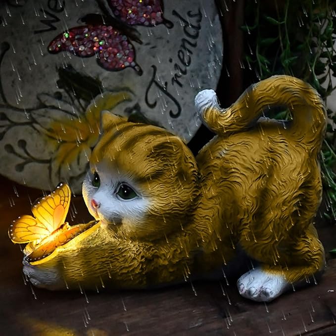 Solar Garden Statue Cat,Garden Figurine Outdoor Decoration with Cat Holding Butterfly for Yard,Patio,Lawn Art