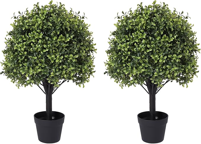 27“ Realistic Artificial Boxwood Topiary Trees Set of 2, Faux Boxwood Plants Outdoor UV-Resistant, No Maintenance Curb Appeal Fake Evergreen Bushes & Shrubs for Front Porch Outside Planter Decor