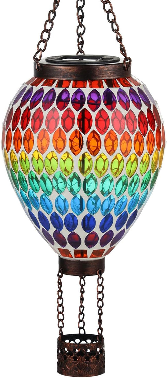 VOREEN Hot Air Balloon Solar Lantern, Mosaic Solar Outdoor Hanging Wind Light, Waterproof, Patio Festive Decor, Easter Gifts for Mom Father Grandma, Rainbow Pattern