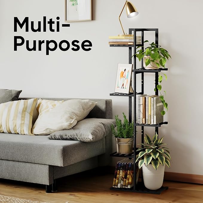 ROSSNY Plant Stand Indoor, 6 Tier 7 Potted Bamboo Plant Stands for Indoor Plants, Corner Plant Stand, Tiered Plant Stands, Plant Shelf For Indoor, 48 Inch Tall Planter Holder for Multiple Plants Indoor, Black