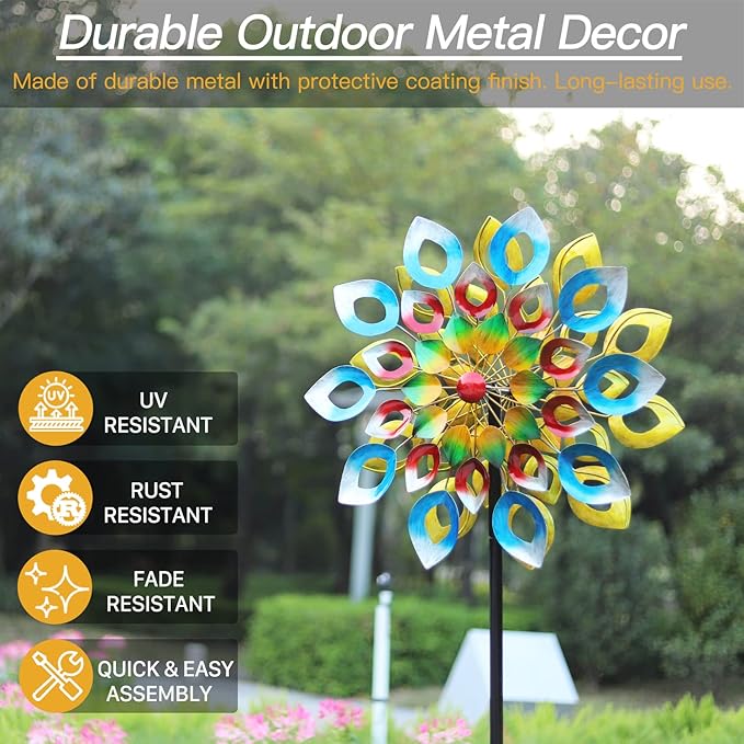 Yard Garden Wind Spinners with Stake - Large Outdoor Metal Wind Spinners, Lawn Yard Art Garden Decor (24" W x 84" H)
