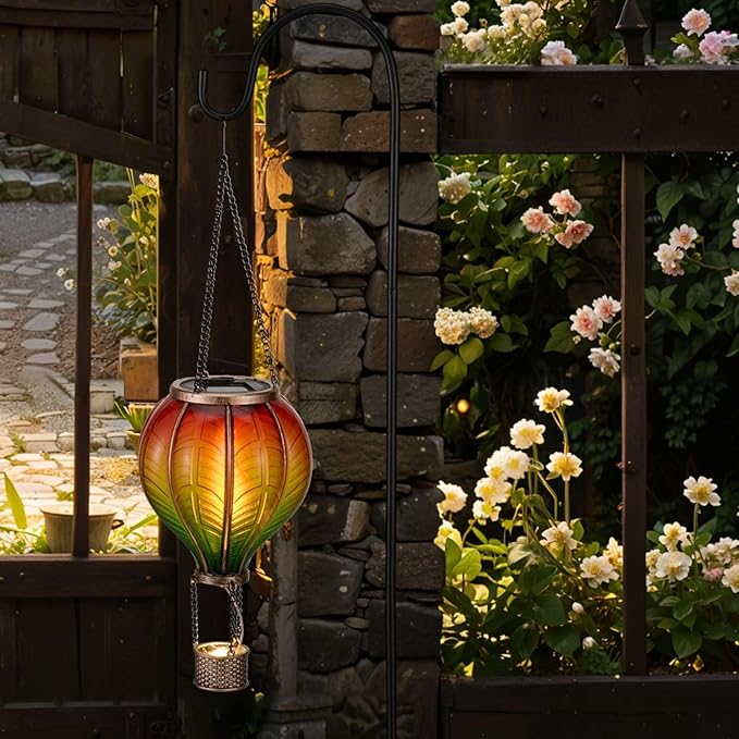 TERESA'S COLLECTIONS Hot Air Balloon Solar Lantern for Garden Decor ,Flickering Flame Hanging Solar Light for Outdoor ,Orange & Green Plastic Lamp for Yard Tree Gift for Mom
